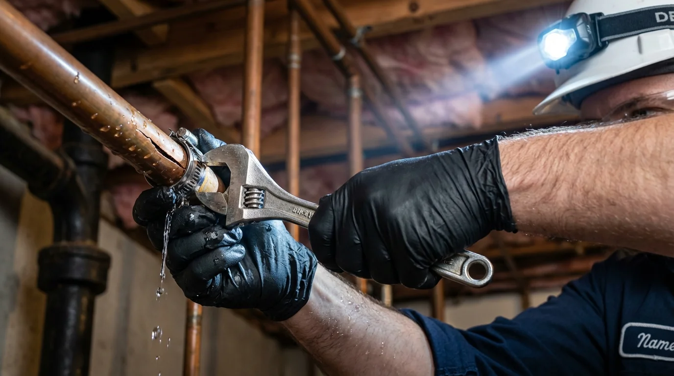 Emergency pipe clamp repair being performed by a Johns Plumbing LLC plumber in Madras